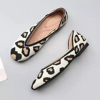 Весенние и осенние трикотажные туфли-лодочки с круглым носком и плоским дном, женские трикотажные туфли-лодочки с яичным рулетом 34 цветной печати леопарда