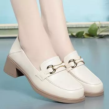 Весенние и осенние туфли для женщин, мягкая кожа, мягкая подошва, женская обувь с глубоким вырезом, толстые каблуки, мокасины, женские туфли из кожи 35 бежевый