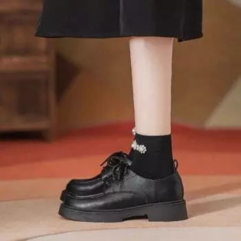 Весенние и осенние туфли из натуральной кожи для женщин. Сто парных туфель на толстой подошве со шнуровкой. Туфли на плоской подошве Le Fu. 35