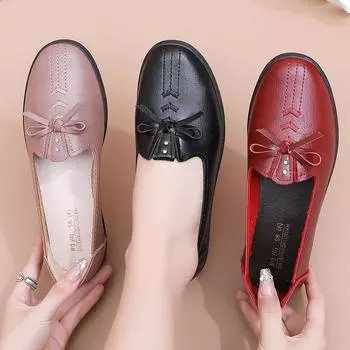 Весенние и осенние туфли-лодочки с бантом для женщин среднего и пожилого возраста, удобные мокасины с мягкой подошвой для мам, нескользящая обувь на плоской подошве 35
