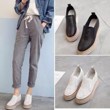 Весенние и осенние туфли на толстой подошве, увеличивающие рост, женские туфли с полыми каблуками, оптовая продажа, повседневная обувь для студентов на платформе, спортивная женская обувь 33 белый