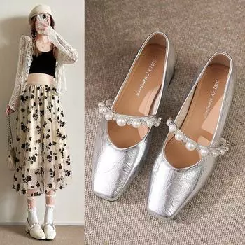 Весенние и осенние туфли на высоком каблуке Gentle Wind, серебристые, с жемчугом, туфли Мэри Джейн с квадратной головкой и неглубоким горлом, женские 34 серебряный