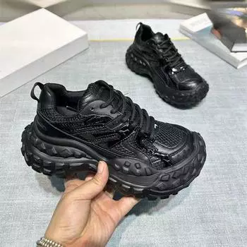 Весенние и осенние туфли Paris Tire, женские летние туфли Daddy, подошва на платформе, шнуровка, цветовое сочетание, спортивная и повседневная обувь, прилив 35 чёрный