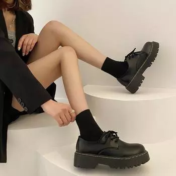 Весенние и осенние туфли из кожи на толстой подошве в британском стиле 35 чёрный