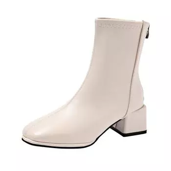 Весенние и осенние высококачественные женские сапоги, модные, с круглым носком, на среднем каблуке, однотонные, на молнии, женские короткие сапоги 35