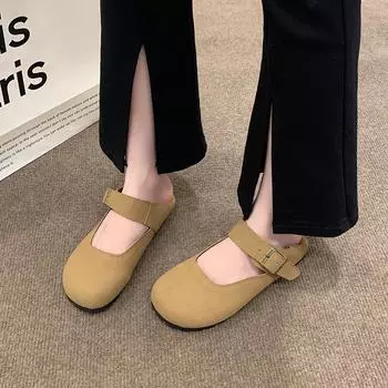 Весенние и осенние высококачественные женские туфли, модные, с круглым носком, с неглубоким горлом, однотонные, с одной линией пряжки, женские туфли на плоской подошве 35 коричневый