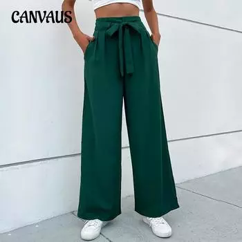 Весенние и осенние женские брюки, повседневные брюки, широкие брюки в пригородном стиле на шнуровке S мох зеленого