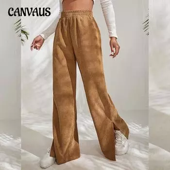 Весенние и осенние женские брюки с высокой талией, повседневные брюки, однотонные вельветовые длинные брюки с разрезом по краю