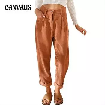 Весенние и осенние женские брюки с высокой талией, повседневные брюки, однотонные вельветовые свободные прямые брюки