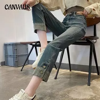 Весенние и осенние женские флисовые джинсы с высокой талией, тонкие теплые прямые брюки, джинсовые джинсы, брюки «девять десятых» 25