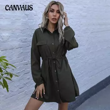 Весенние и осенние женские классические платья-рубашки, кардиган с лацканами и шнурком, платья-рубашки S армия зеленый