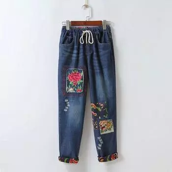 Весенние и осенние женские модные повседневные джинсы с вышивкой S синий