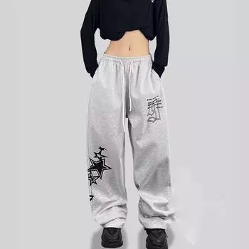 Весенние и осенние женские модные спортивные повседневные брюки с широкими штанинами и принтом XXL чёрный