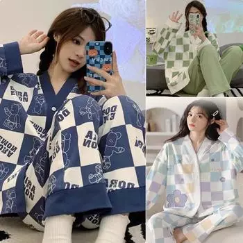 Весенние и осенние женские пижамы с длинными рукавами, фиолетовая сетка, можно носить поверх костюма, домашняя одежда с длинными рукавами, зеленая сетка One size фиолетовый