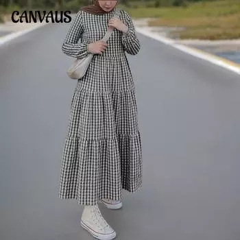 Весенние и осенние женские платья больших размеров, клетчатое повседневное винтажное платье в Дубае с длинными рукавами и желудями, с круглым вырезом и свободной талией S синий
