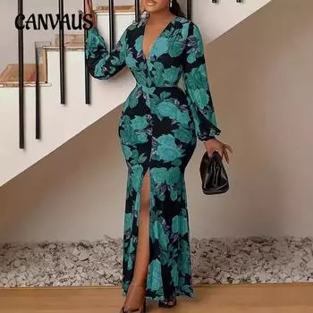 Весенние и осенние женские платья больших размеров с длинным рукавом и V-образным вырезом с разрезом и принтом 0XL зелёный