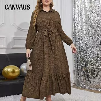 Весенние и осенние женские платья больших размеров с леопардовым принтом, платья-рубашки со шнуровкой и лацканами 0XL коричневый/кофейный