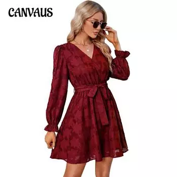 Весенние и осенние женские платья, кружевные платья, коктейльные платья с v-образным вырезом, свадебные платья, платья с завязкой на талии и длинными рукавами S бордовый