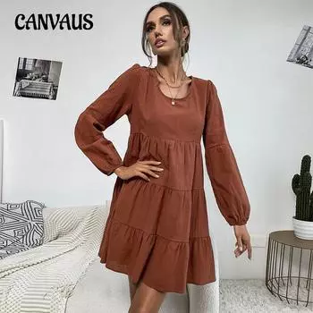 Весенние и осенние женские платья, модные короткие однотонные платья с длинными рукавами S