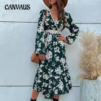 Весенние и осенние женские платья, модные платья с рюшами и длинными рукавами, нерегулярные платья с принтом M мох зеленого