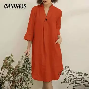 Весенние и осенние женские платья, модные простые свободные однотонные повседневные платья средней длины с V-образным вырезом S армия зеленый