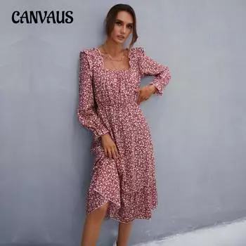 Весенние и осенние женские платья, модные платья с длинным рукавом и цветочным принтом с квадратным вырезом S бордовый