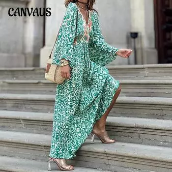 Весенние и осенние женские платья, модные повседневные платья с V-образным вырезом, длинным рукавом и средней длиной с принтом S зелёный