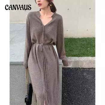 Весенние и осенние женские платья, низ средней длины, платье-свитер до колена, трикотажные платья с завязками на талии One Size серый