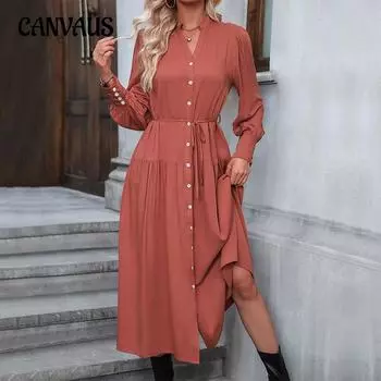 Весенние и осенние женские платья, однотонное платье с баской и длинными рукавами S