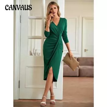 Весенние и осенние женские платья, повседневные платья, однотонные платья с v-образным вырезом и длинными рукавами на талии S чёрный