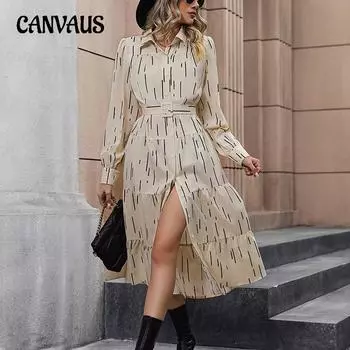 Весенние и осенние женские платья-рубашки с лацканами Платья с длинными рукавами и принтом S абрикосовый