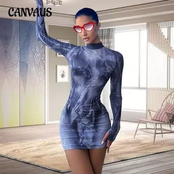 Весенние и осенние женские платья с модным принтом, тонкие платья с круглым вырезом и длинными рукавами S синий