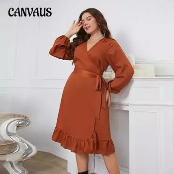 Весенние и осенние женские платья с длинным рукавом, большие размеры, цельные платья с заниженной талией XL коричневый