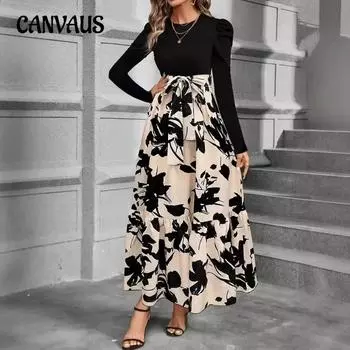 Весенние и осенние женские платья с цветочным принтом в стиле колор-блокинг S чёрный