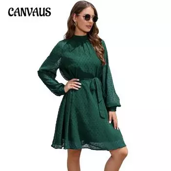 Весенние и осенние женские платья свободного кроя с длинным рукавом и развевающимся поясом S бордовый