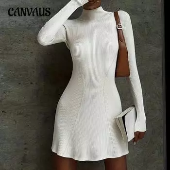 Весенние и осенние женские платья. Вязаное платье в полоску с длинным рукавом и полувысоким воротником. S белый