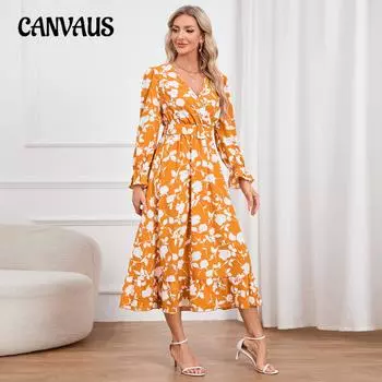 Весенние и осенние женские платья, винтажное платье с v-образным вырезом и принтом, платье с открытой талией для женщин S розовый