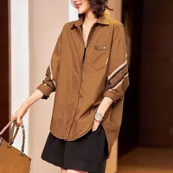 Весенние и осенние женские рубашки, модные повседневные свободные женские рубашки с воротником поло средней длины и большого размера M чёрный