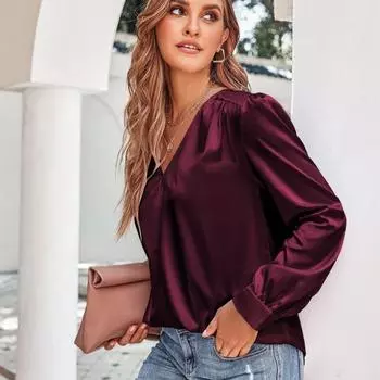 Весенние и осенние женские рубашки с длинным рукавом и V-образным вырезом Повседневная свободная рубашка S зелёный