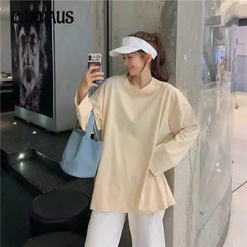 Весенние и осенние женские свободные однотонные топы с длинным рукавом больших размеров M чёрный