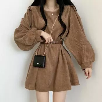 Весенние и осенние женские темпераментные платья Pure Desire Wind French Design Sense Niche Corduroy S серый