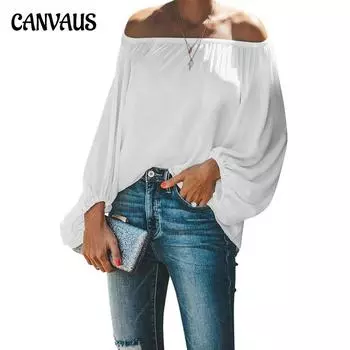 Весенние и осенние женские топы без бретелек на одно плечо, чистый цвет, простые рукава-фонарики, свободная футболка с длинными рукавами