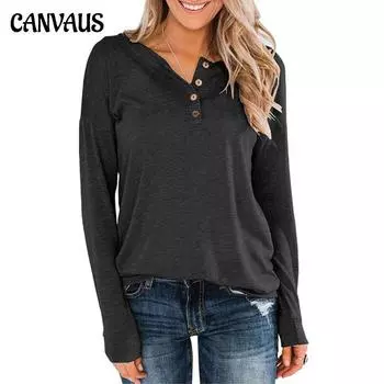 Весенние и осенние женские топы, однотонный вязаный пуловер с длинными рукавами и круглым вырезом, футболка на пуговицах S чёрный