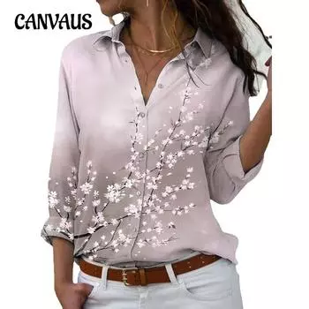 Весенние и осенние женские топы с принтом персикового цвета, свободная рубашка больших размеров с V-образным вырезом и длинными рукавами