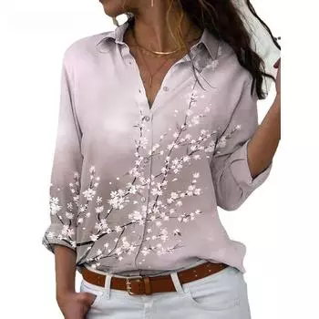 Весенние и осенние женские топы с принтом персикового цвета, свободная рубашка больших размеров с V-образным вырезом и длинными рукавами S светло-зеленый