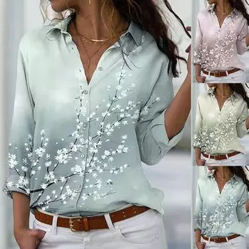 Весенние и осенние женские топы с принтом персикового цвета, свободная рубашка больших размеров с V-образным вырезом и длинными рукавами M светло-синий
