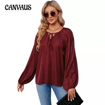 Весенние и осенние женские топы с рукавами-фонариками, свободные, большого размера, с V-образным вырезом и завязкой S бордовый