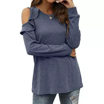 Весенние и осенние женские топы, вязаный свитер с круглым вырезом, без бретелек, с оборками, свободные повседневные топы с длинными рукавами S серый