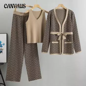 Весенние и осенние женские трикотажные комплекты. Модные повседневные комплекты. Куртка с шалью и v-образным вырезом. Нижний вязаный свитер. Широкие брюки. Комплект из трех предметов. One Size серый