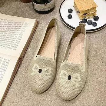 Весенние и осенние женские туфли на плоской подошве, дышащие трикотажные повседневные мокасины, женские удобные туфли на плоской подошве для вождения, женская повседневная обувь 35 бежевый